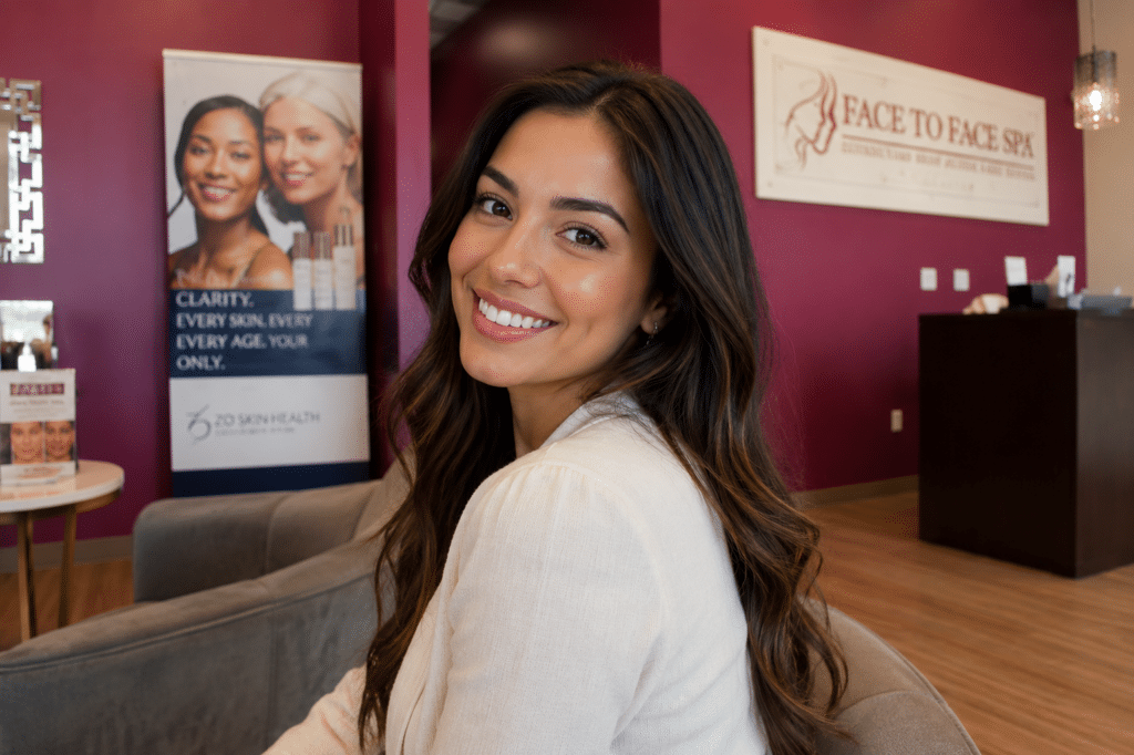Smiling woman inside Face to Face Spa.